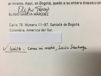 馬奎斯的弟弟 Eligio García Márquez 來信。末尾寫上：「LUISA: 跟我的母親的名字一樣，Luisa Santiaga」